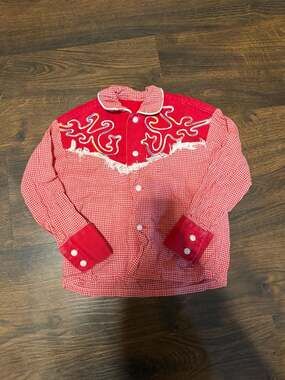 Vintage 1970s H Bar C Red Gingham Western Cowboy Shirt with Chainstitch Embroide